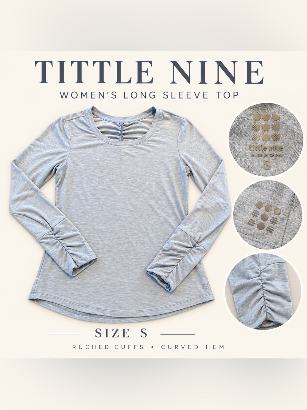 Title Nine Pale Blue Long Sleeve Women's Top with Ruched Cuffs